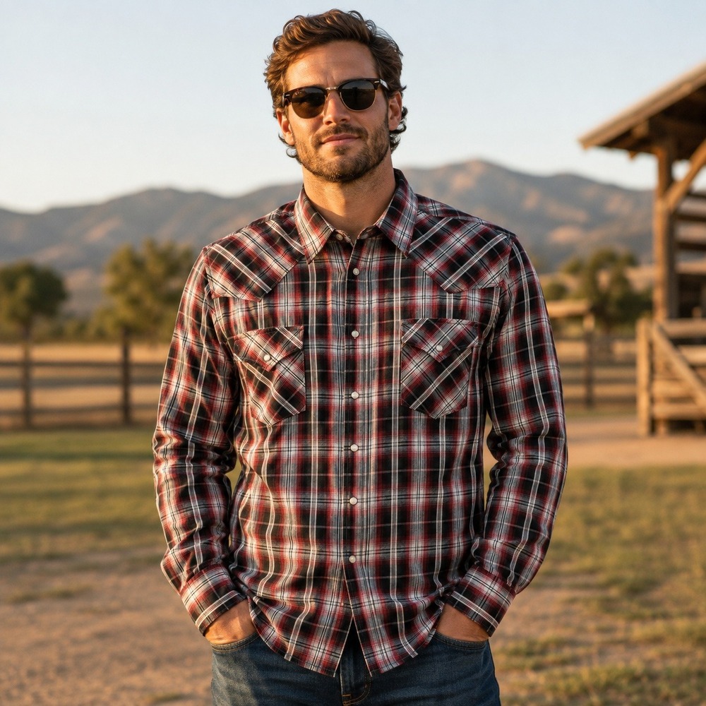 Ely Cattleman Western Shirt Mens XXL Red Black Plaid‎ Pearl Snap Long Sleeve